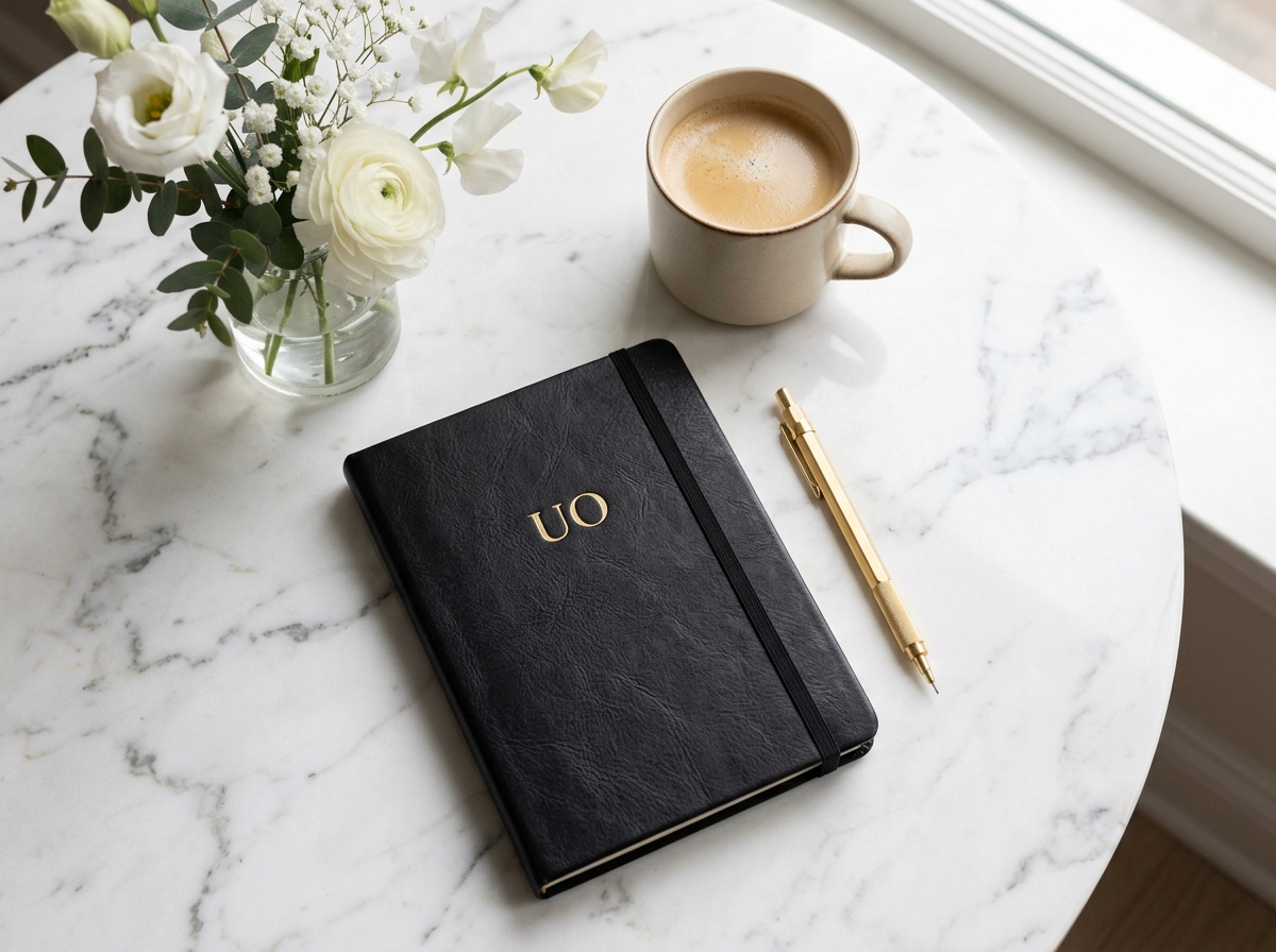 A monogrammed notebook, pen and coffee on a marble table